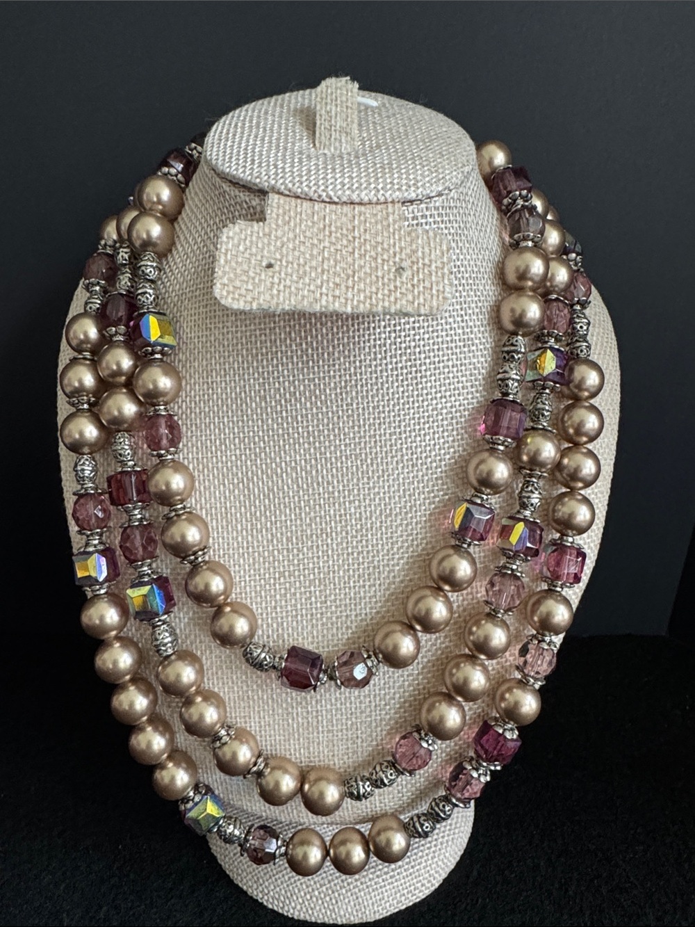 VTG 1950s Japan Triple Strand Faux Pearl and Crystal Necklace - Yasha
